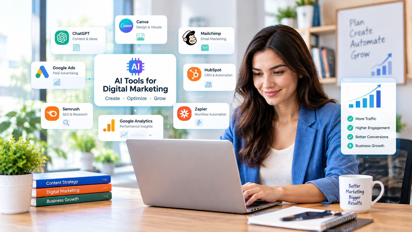AI tools for digital marketing helping a small business manage content and campaign analytics