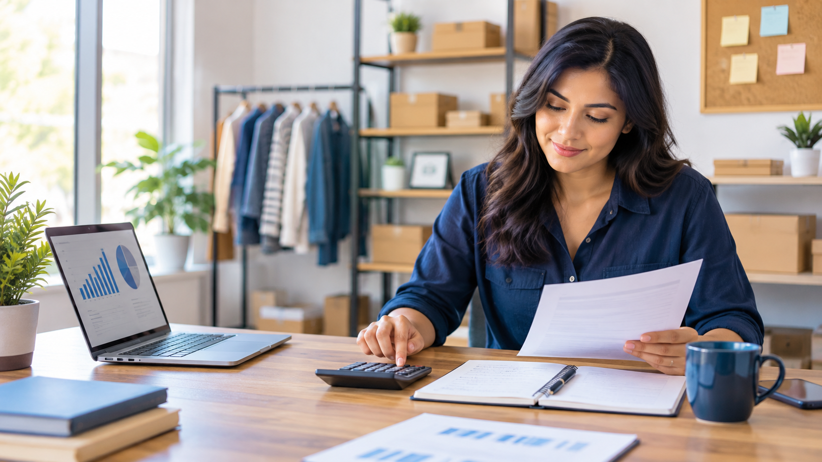 Entrepreneur reviewing financial documents and startup costs for a business startup loan